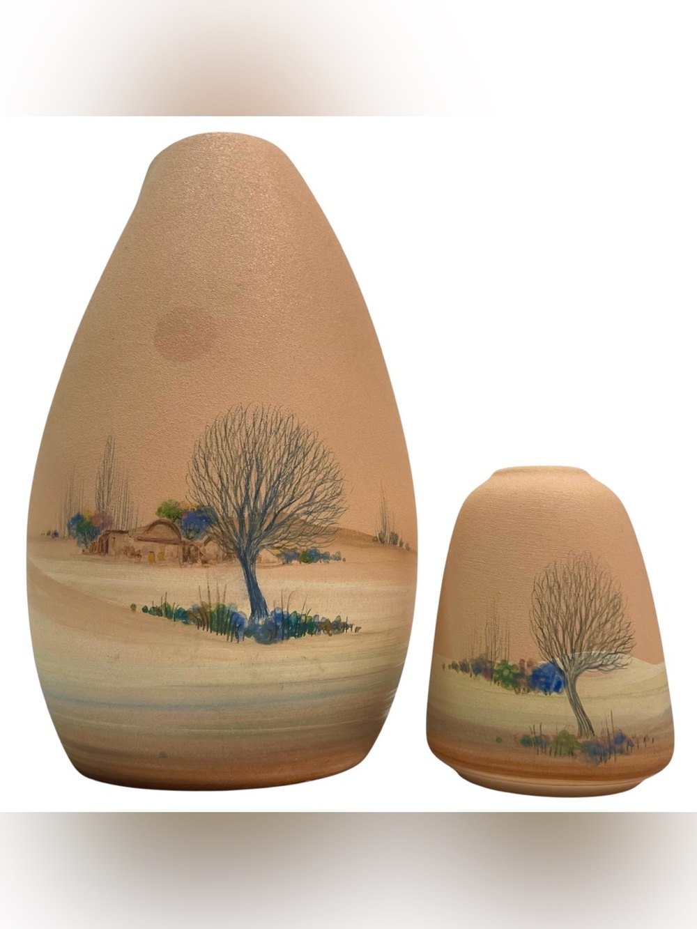 Vintage 1980s Hand Painted Folk Art Pottery Vase Set (2) - Rustic Winter Scenery